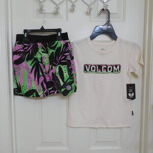 NWT 2pc Volcom Shirt & Colorful Leaf Print Swim Shorts sz 5